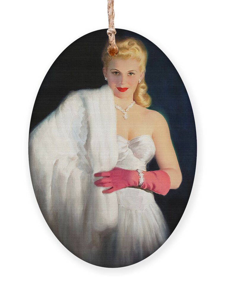 Blonde Ornament featuring the painting White Mink and Diamonds by Art Frahm Sophisticated Pin-Up Girl Vintage Artwork by Rolando Burbon