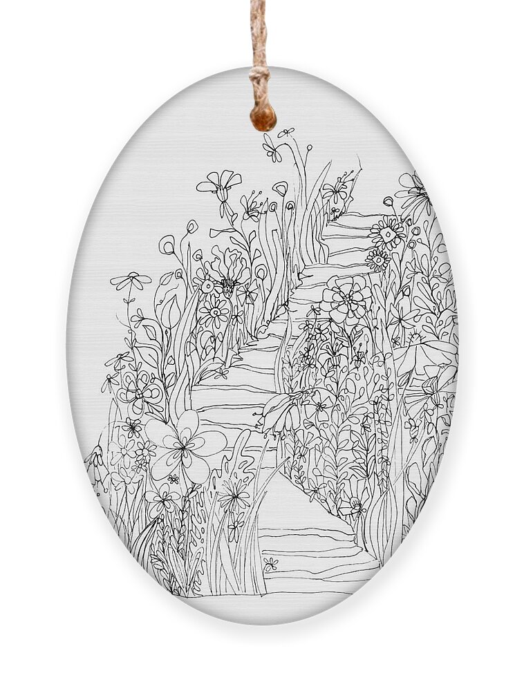 Wildflowers Stairs. Ink Drawing Art Ornament featuring the drawing Wildflowers Stairs - Ink Drawing Art by Patricia Awapara