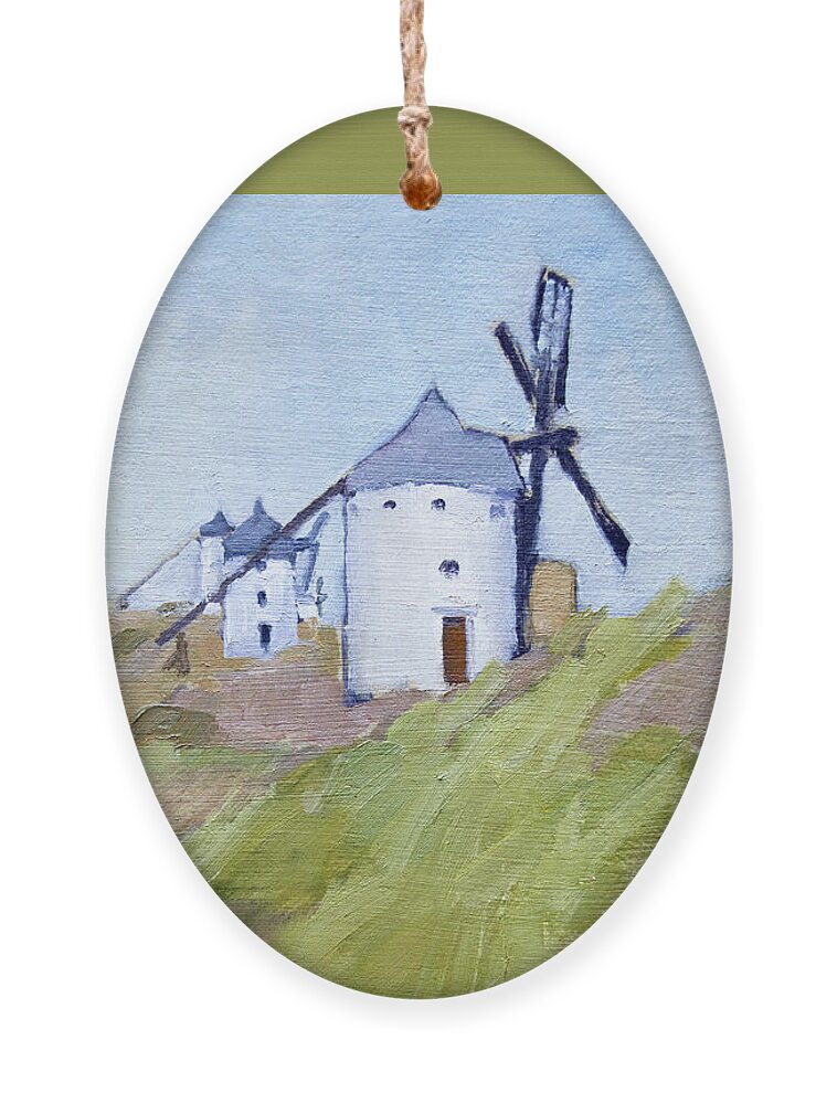 In The Middle Of Now Where Sits A Row Of 17th Century Windmills Resting Atop A Ridge Buffering The Eastern Valley From The Strong Winds Coming From The West. It Was Quite An Adventure To First Find Them Then Position My Self To Where I Was Able To Paint With Out All My Supplies Blowing Away. But I Did It! Ornament featuring the painting Windmills of Consuegra, Spain by Paul Strahm