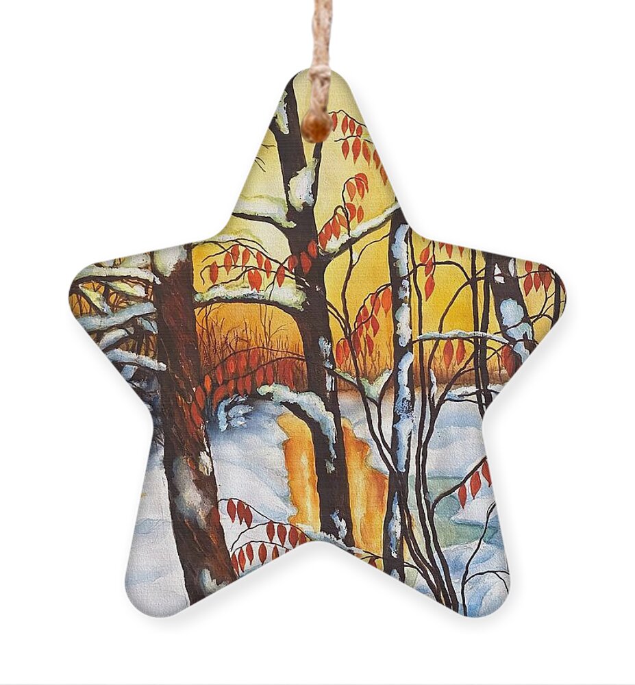 Winter Sunset Ornament featuring the painting Winter Creek Sunset 2 by Inese Poga