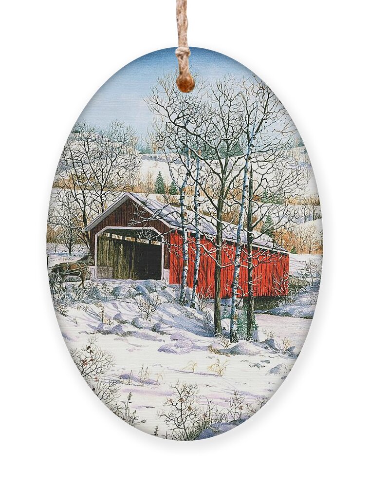 Covered Bridge Ornament featuring the painting Winter Crossing by Diane Phalen