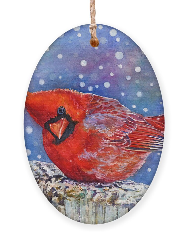 Red Cardinal Ornament featuring the painting Winter Quietude by Hailey E Herrera