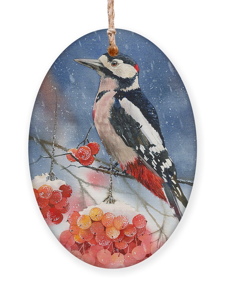 Bird Ornament featuring the painting Winter Woodpecker by Espero Art