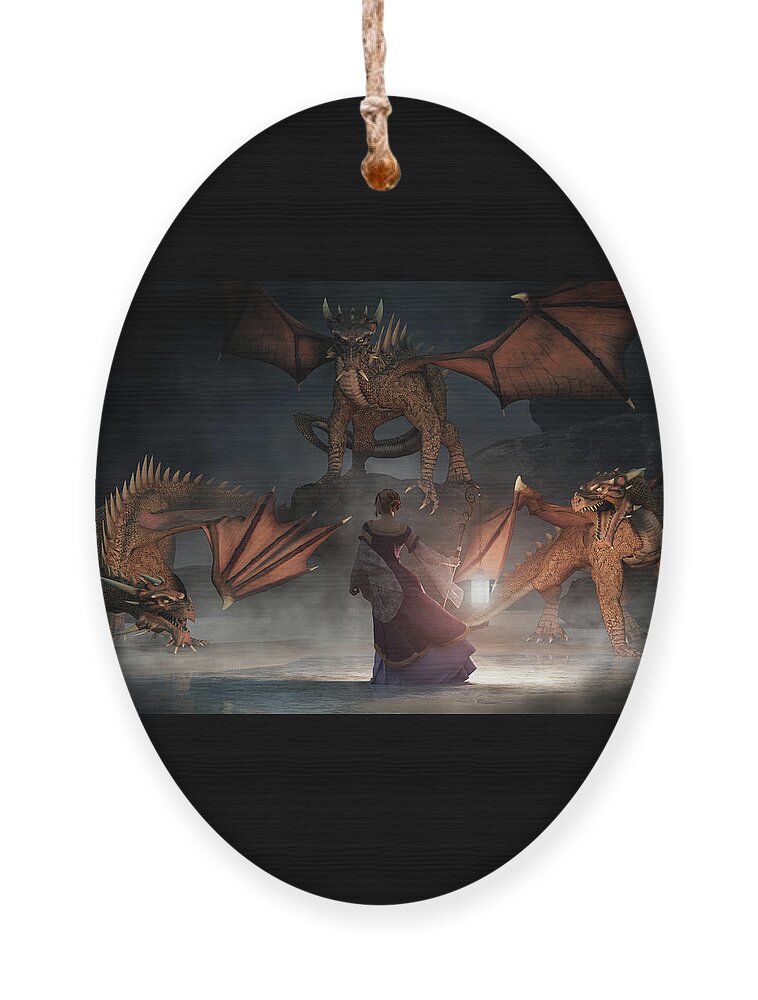 The Light Of Truth Ornament featuring the digital art Woman with a Lantern Facing Dragons by Daniel Eskridge