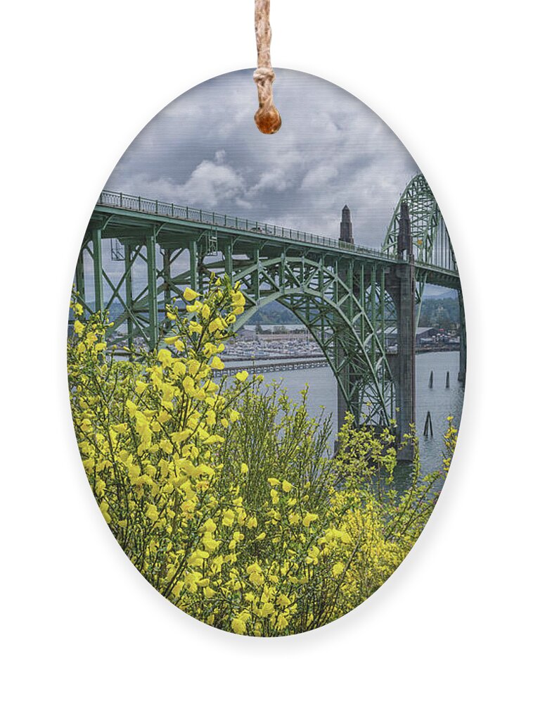 Newport Ornament featuring the photograph Yaquina Bay Bridge Scotch Broom Blooms by Darren White