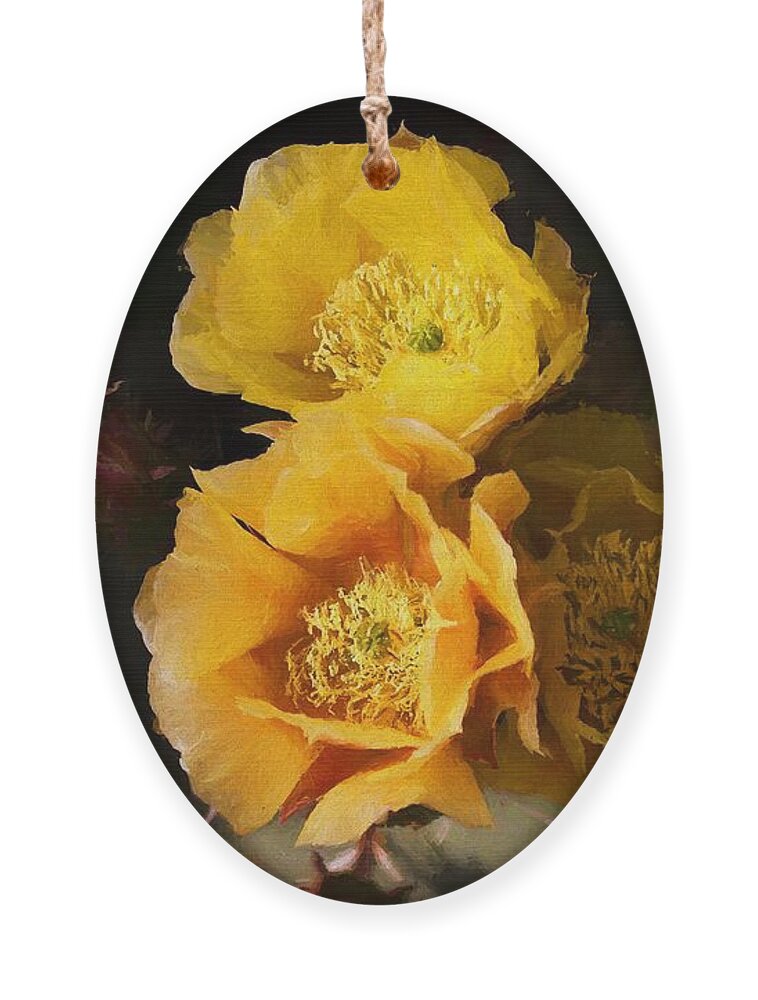 Cactus Flowers Ornament featuring the mixed media Yellow cactus flowers by Tatiana Travelways