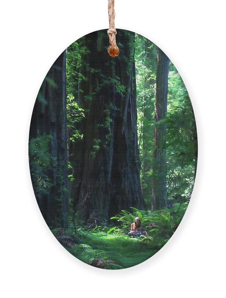 America Ornament featuring the photograph Young woman and the giants digital painting by Jean-Luc Farges