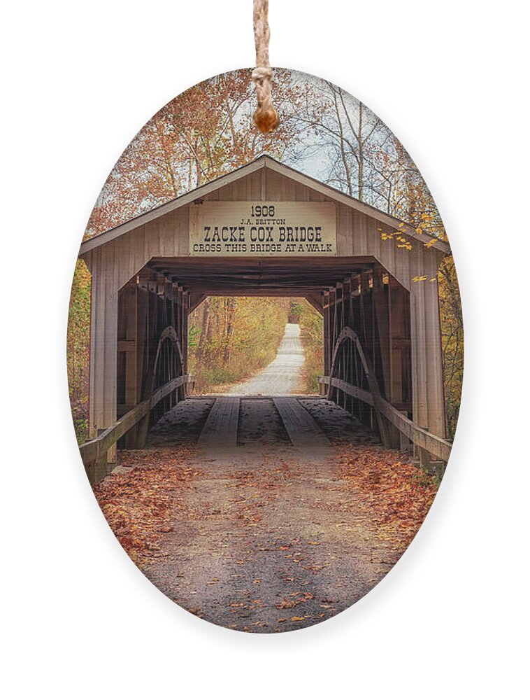 Parke County Ornament featuring the photograph Zacke Cox Covered Bridge in Autumn by Susan Rissi Tregoning