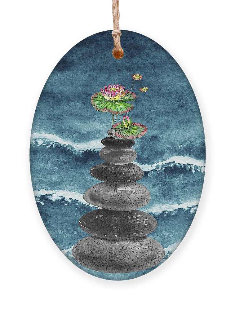 Zen Rocks Ornament featuring the painting Zen Rocks Cairn Meditative Tower And Lotus Flower Watercolor by Irina Sztukowski