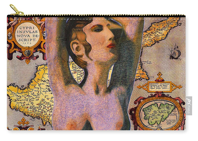 Augusta Stylianou Zip Pouch featuring the digital art Aphrodite and Ancient Cyprus Map #3 by Augusta Stylianou