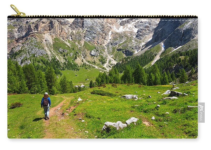 Hiker Zip Pouch featuring the photograph hiking in Contrin Valley by Antonio Scarpi