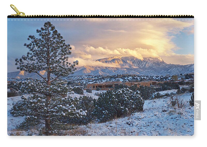 Landscapes Carry-all Pouch featuring the photograph Sandia Mountains with Snow at Sunset by Mary Lee Dereske