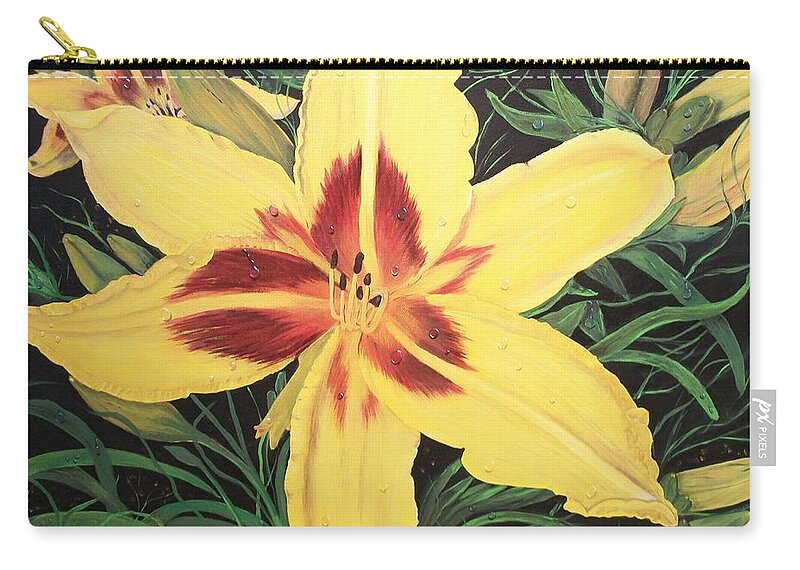  Firery Center Zip Pouch featuring the painting Yellow Lily by Sharon Duguay