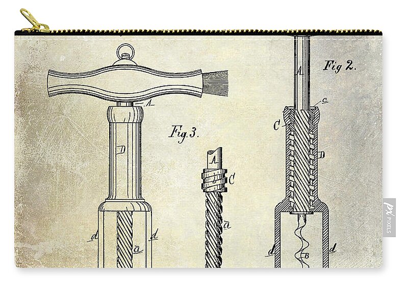 Corkscrew Patent Drawing Zip Pouch featuring the photograph 1876 Corkscrew Patent drawing by Jon Neidert