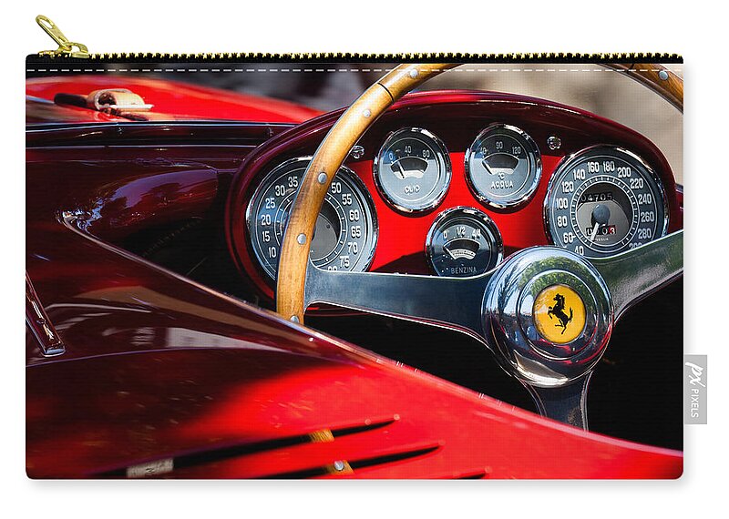 1954 Ferrari 500 Mondial Spyder Steering Wheel Emblem Zip Pouch featuring the photograph 1954 Ferrari 500 Mondial Spyder Steering Wheel Emblem by Jill Reger