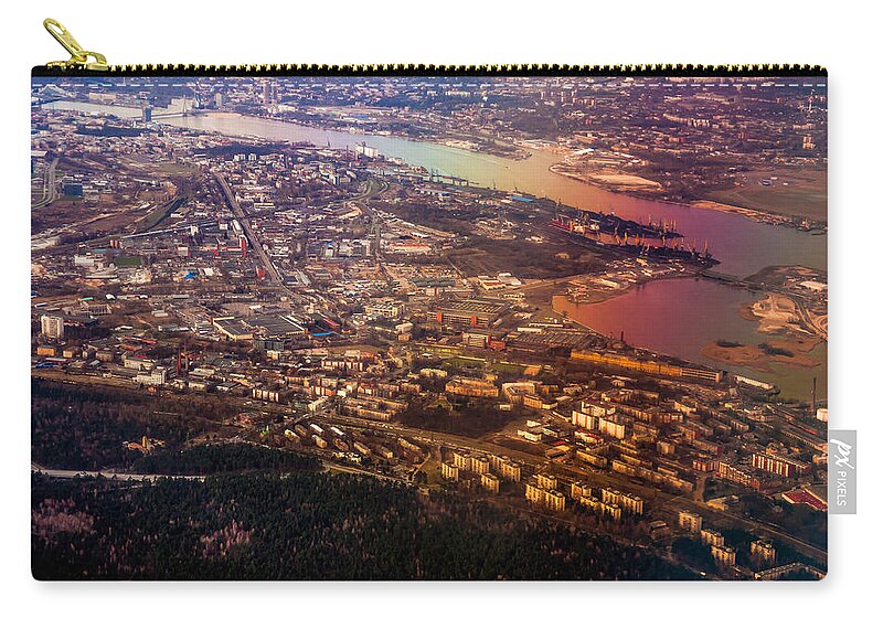 Aerial Zip Pouch featuring the photograph Aerial View of Riga. Latvia. Rainbow Earth #1 by Jenny Rainbow