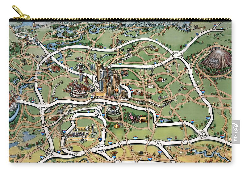 Atlanta Zip Pouch featuring the painting Atlanta Cartoon Map #1 by Kevin Middleton