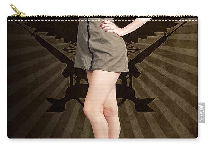 Army Zip Pouch featuring the photograph Attractive blond pin-up army girl. Military salute by Jorgo Photography