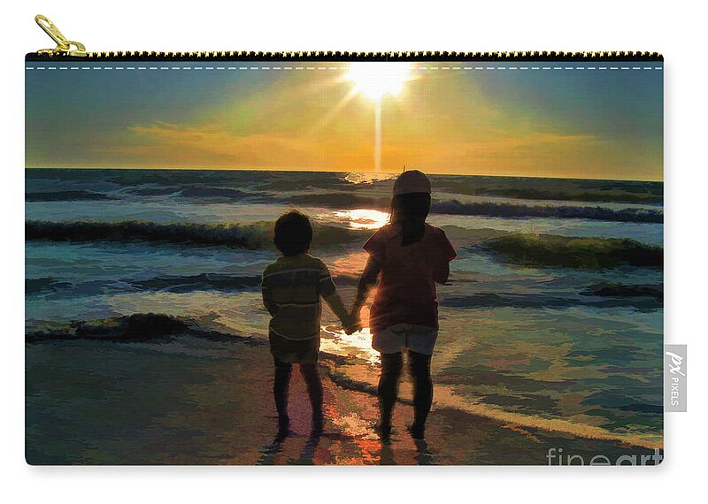Ocean Sunset With Kids Zip Pouch featuring the digital art Beach Kids #1 by Margie Chapman