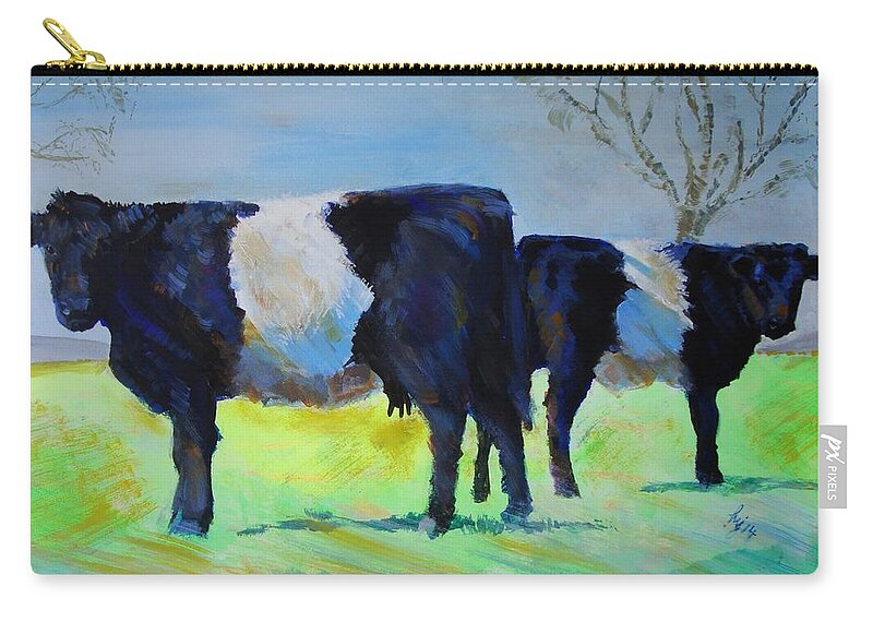 Belted Zip Pouch featuring the painting Belted Galloway Cow and Calf by Mike Jory
