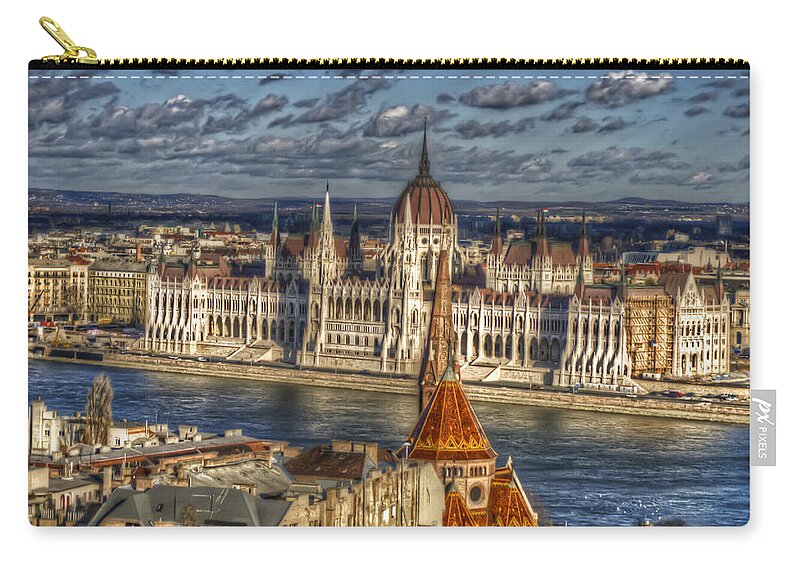 Travel; Landmark; Architecture; Hungary; Famous; Building; Scene; Budapest; City; Night; Hungarian; Cityscape; Capital; Monument; Europe; Danube;culture; Town; Urban; National; Palace; Buda; Dark; Sky; European; ; River; Bridge; Structure; International Zip Pouch featuring the digital art Buda Parliament #1 by Nathan Wright