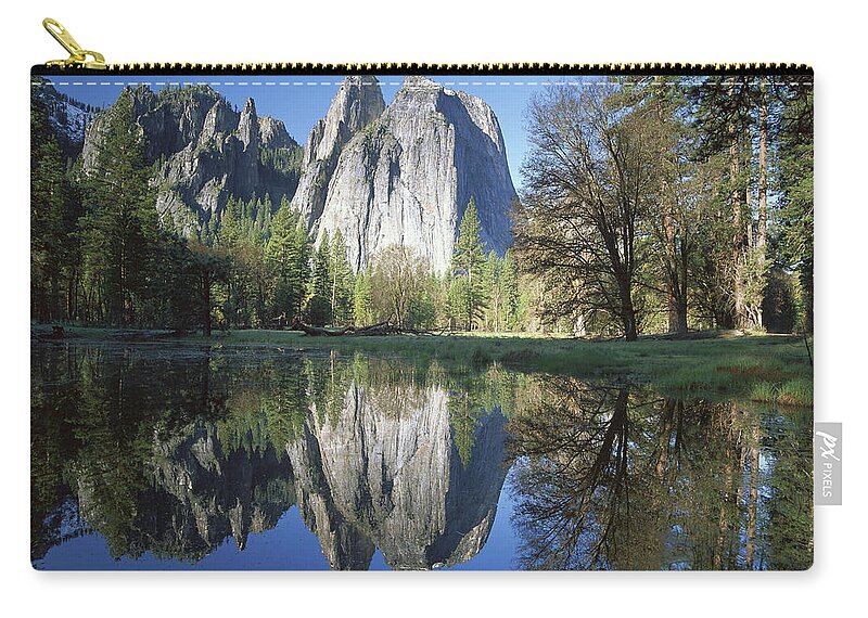Feb0514 Zip Pouch featuring the photograph Cathedral Rock And The Merced River #1 by Tim Fitzharris