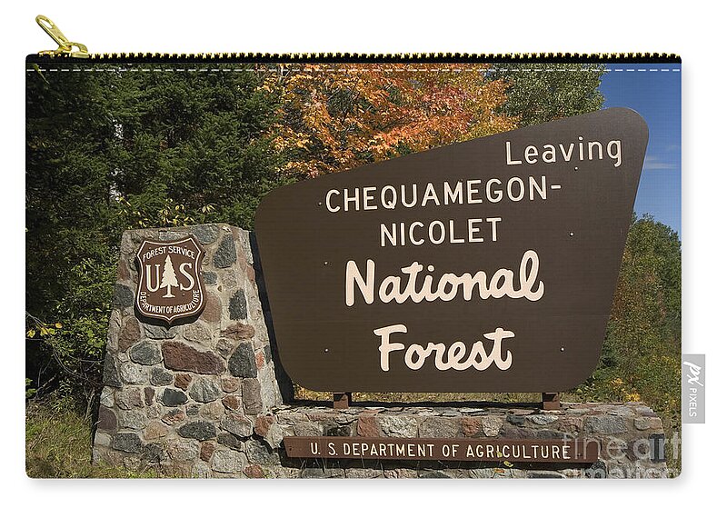 Fall Zip Pouch featuring the photograph Chequamegon National Forest Sign #1 by Linda Freshwaters Arndt
