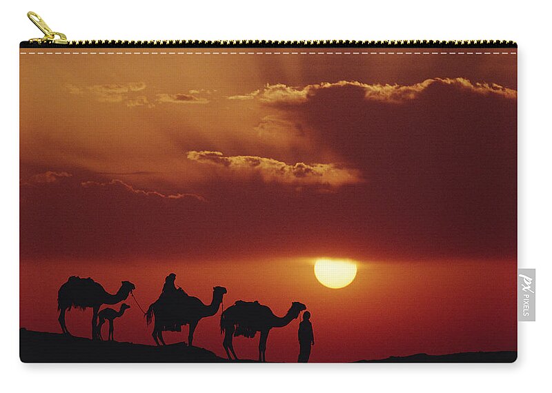 Feb0514 Zip Pouch featuring the photograph Dromedary Camels And Bedouins Sahara #1 by Gerry Ellis