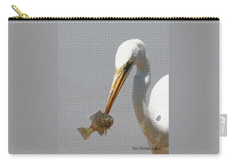 Egret Eats Fish Zip Pouch featuring the photograph Egret Eats Fish #1 by Tom Janca