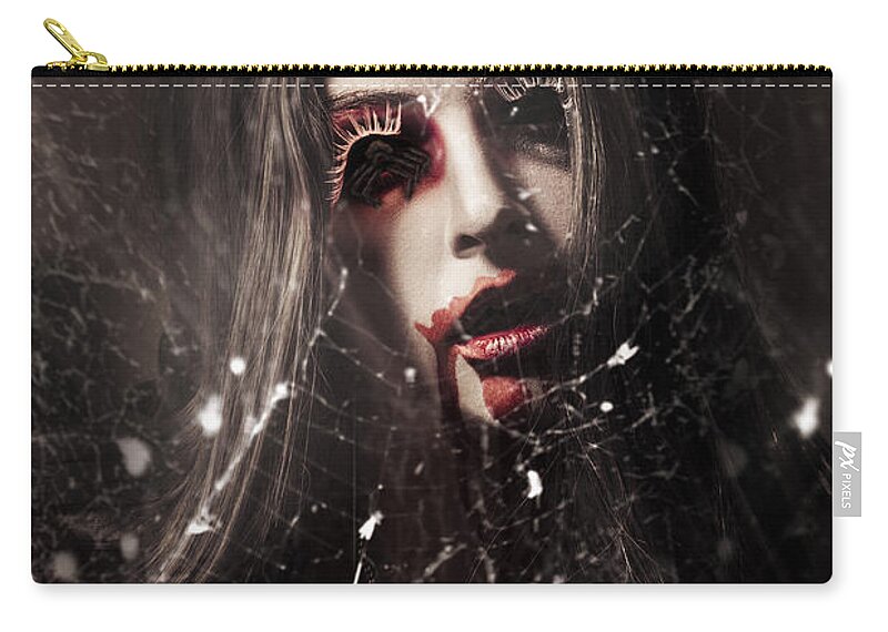 Halloween Zip Pouch featuring the photograph Female face of dark horror. Eye of the black widow by Jorgo Photography