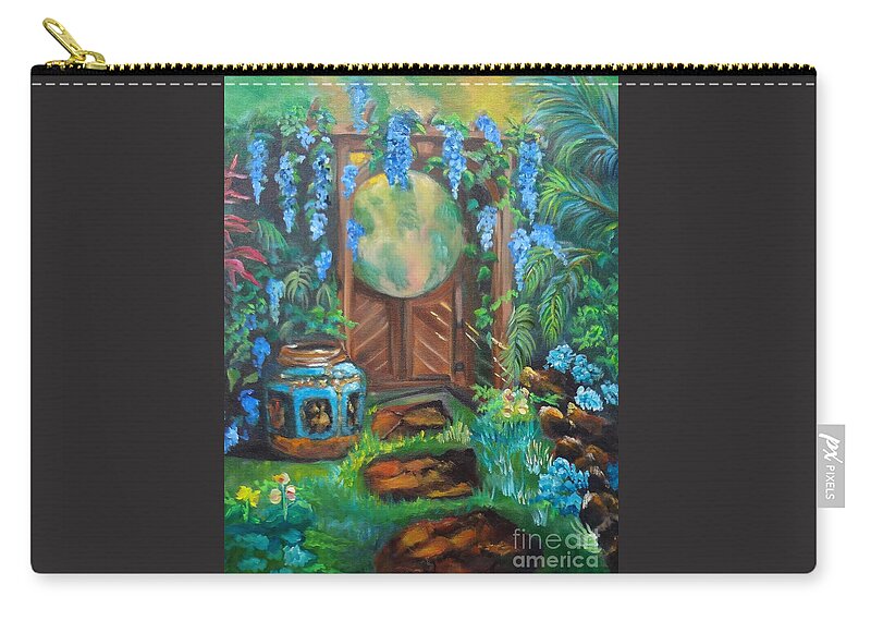 Garden Floral Scene Print Zip Pouch featuring the painting Garden Gate by Jenny Lee