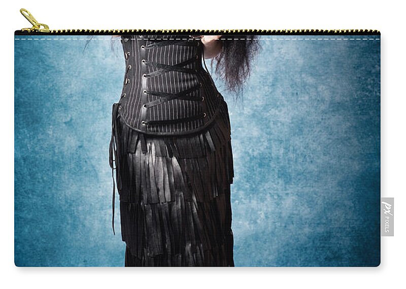 Black Zip Pouch featuring the photograph Gothic female fashion model. Elegant black outfit #1 by Jorgo Photography