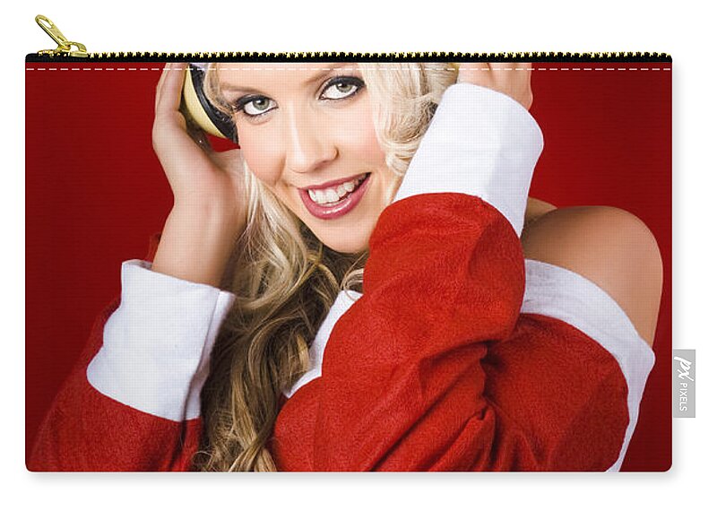 Christmas Zip Pouch featuring the photograph Happy Dj Christmas Girl Listening To Xmas Music by Jorgo Photography