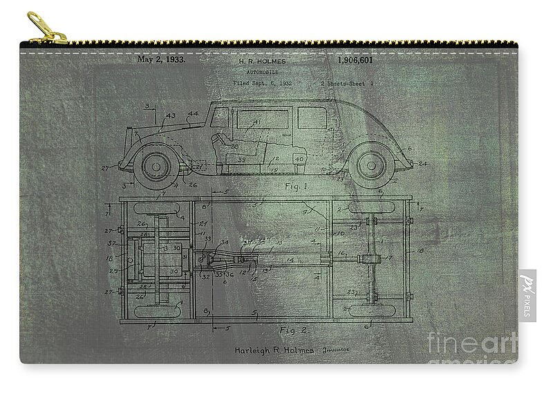 Harleigh R. Holmes Zip Pouch featuring the drawing Harleigh Holmes Original Automobile Patent by Doc Braham
