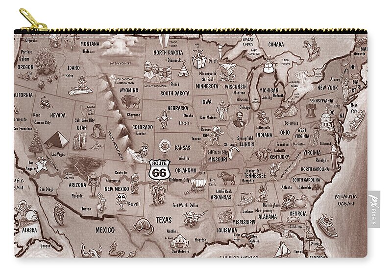Route 66 Zip Pouch featuring the painting Historic Route 66 Cartoon Map by Kevin Middleton