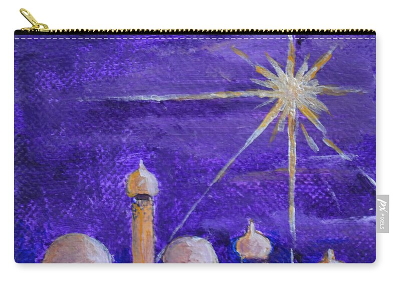 Holy City Bethlehem Ancient Town Jordan Birthplace Of Jesus Purple Bright Star Shining Star Temple Star Of East Gold Building Jerusalem Zip Pouch featuring the painting Holy City #1 by Patricia Caldwell