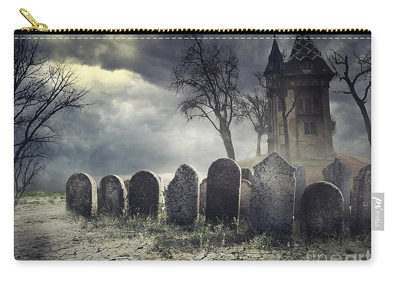 Halloween Zip Pouch featuring the digital art Hunted House on Graveyard by Jelena Jovanovic