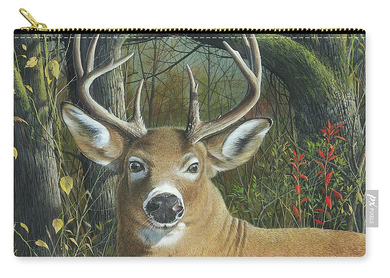 White Tail Deer Zip Pouch featuring the painting Living on the Edge by Mike Brown