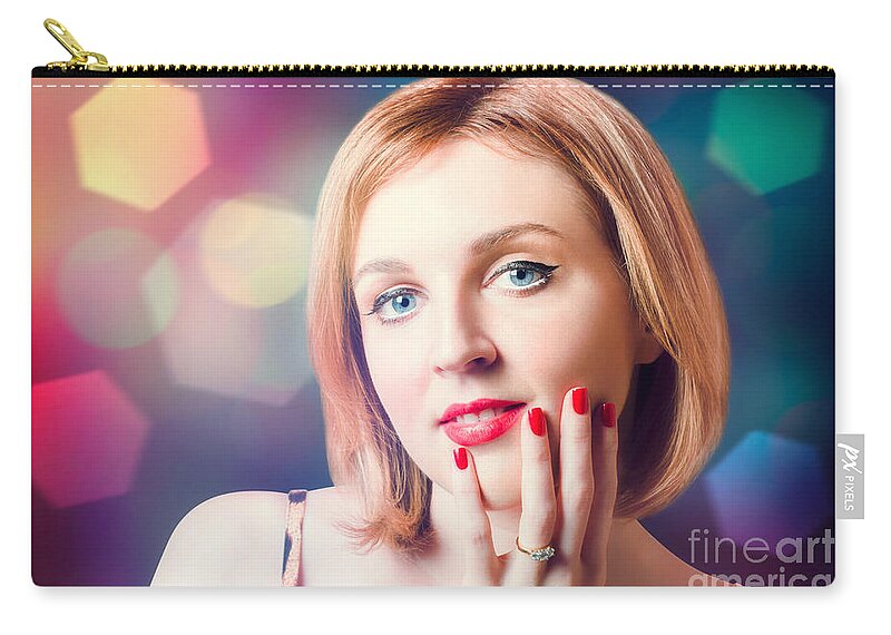 Nails Zip Pouch featuring the photograph Night fashion photo. Beauty model in diamond ring #1 by Jorgo Photography