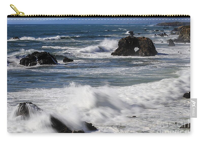 Bodega Bay California Wave Waves Water Oceans Sea Seas Pacific Ocean Bays Rock Formation Formations Rocks Spray Shore Shores Shoreline Shorelines Coast Coasts Coastline Coastlines Waterscape Waterscapes Zip Pouch featuring the photograph Ocean View #1 by Bob Phillips