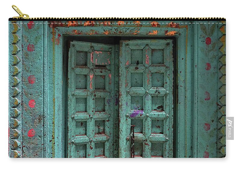 Description Zip Pouch featuring the photograph Old Doors India, Varanasi #1 by Stereostok