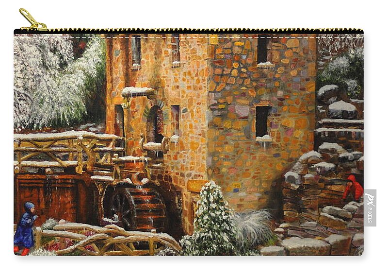 Old Mill Zip Pouch featuring the painting Old Mill in Winter by Glenn Beasley