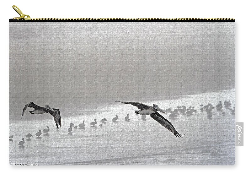 Pelicans Foggy Picnic Zip Pouch featuring the photograph Pelicans Foggy Picnic #3 by Tom Janca