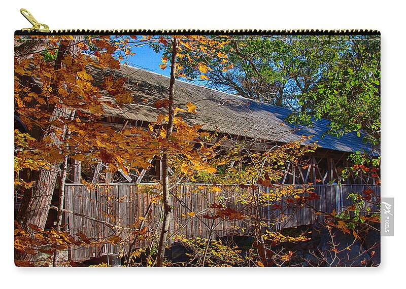Artist Covered Bridge Zip Pouch featuring the photograph Sunday River Covered Bridge by Jeff Folger