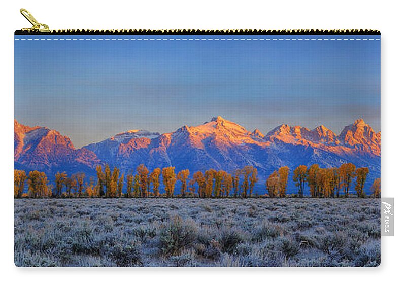 Tetons Zip Pouch featuring the photograph Teton Alpenglow Autumn Panorama #1 by Greg Norrell