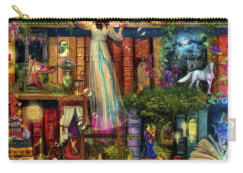 Aimee Stewart Zip Pouch featuring the digital art Treasure Hunt Book Shelf by MGL Meiklejohn Graphics Licensing