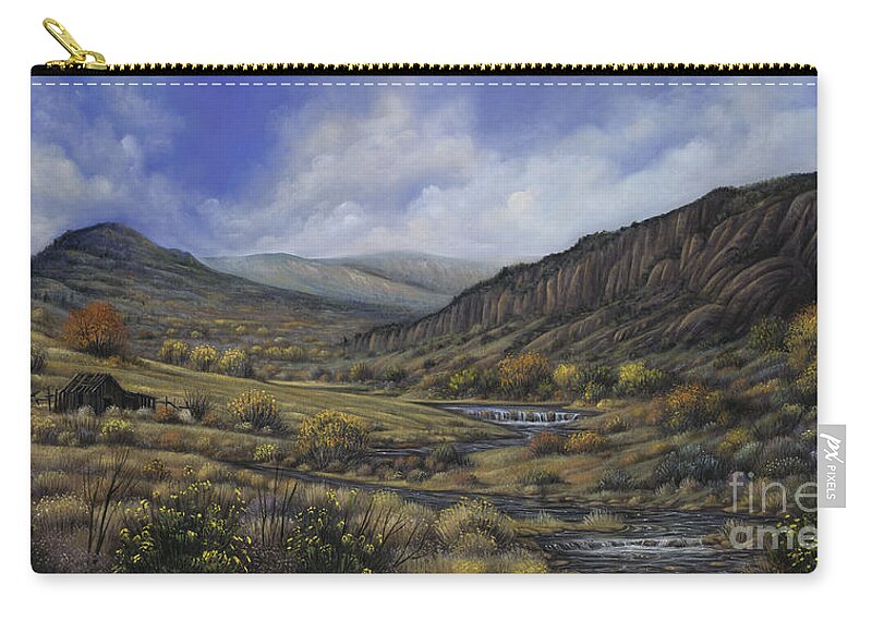 Southwest-landscape Zip Pouch featuring the painting Tres Piedras by Ricardo Chavez-Mendez