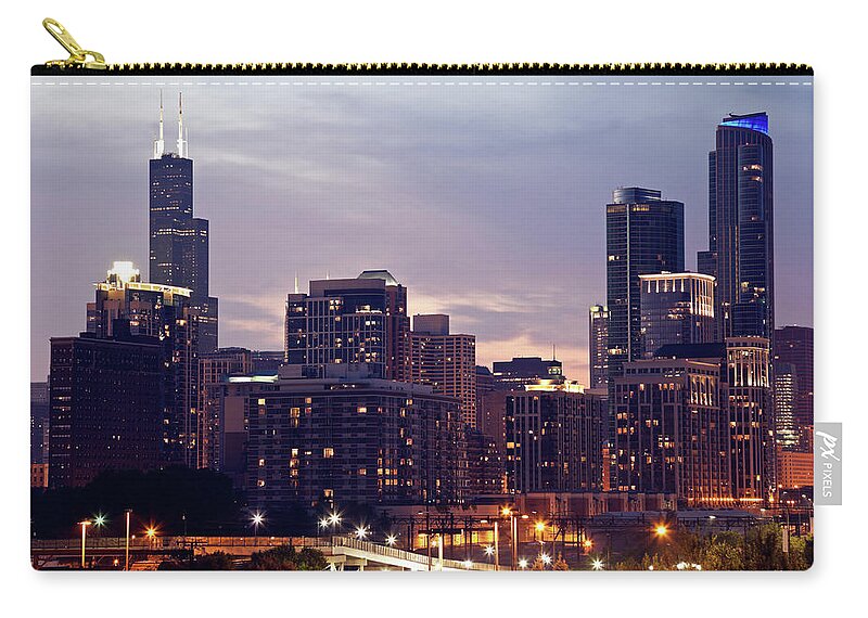 Downtown District Zip Pouch featuring the photograph Usa, Illinois, Chicago Skyline At Dusk #1 by Henryk Sadura