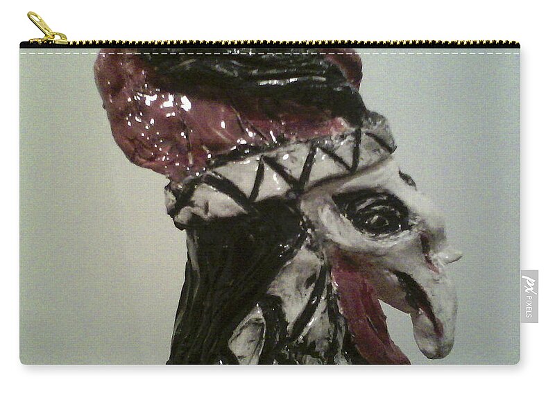 Ceramic Rooster Zip Pouch featuring the sculpture Warrior Rooster by Suzanne Berthier