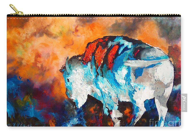 Contemporary White Buffalo Painting Zip Pouch featuring the painting White Buffalo Ghost by Karen Kennedy Chatham